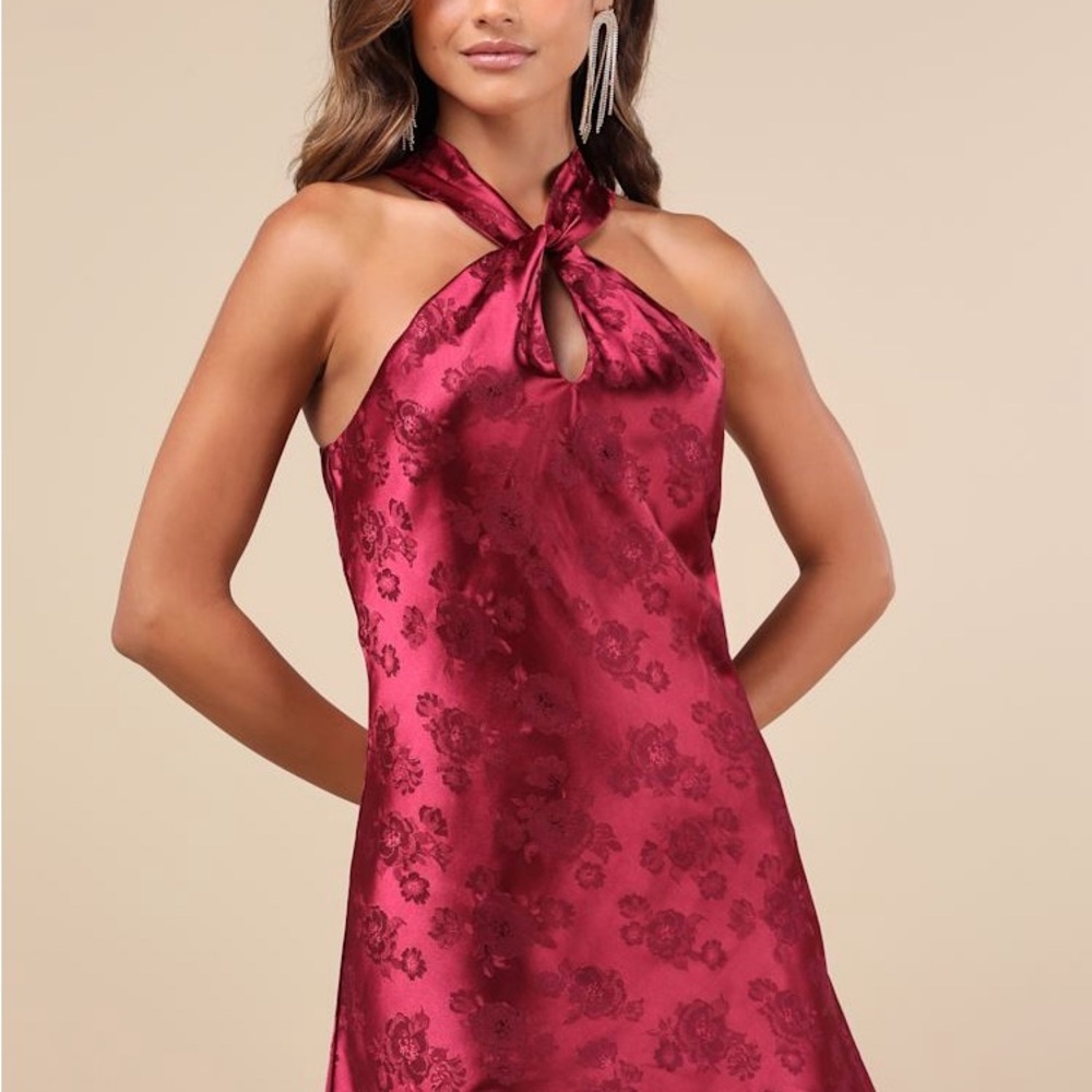 NWT Lulus Got the Key Burgundy Satin Floral Halter Mini Dress Size Medium